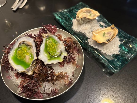 Spectacular Gillardeau oysters--each of us had one with sherry/butter sauce and the other, my favorite, with a cold sauce of cucumber and dill...I will be ordering more oysters from now on....