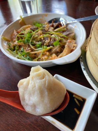 Soup dumpling in the foreground, with fuqi feipian in the background