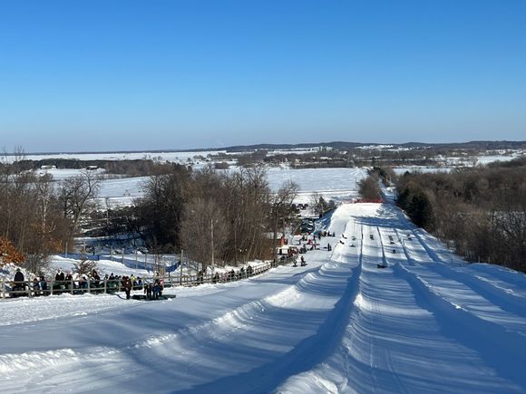 Tubing hill, from the top down. This is a typical Minnesota landscape, small farmsteads dotted among the white snowy fields