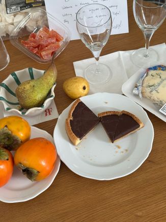 Persimmons; chocolate crostata which might be the best cake I've ever sampled; two types of local pears with the Abate pear in the bowl; candied papaya; meringue cookies made in Modena; Gorgonzola.  Not shown are the ubiquitous taralli, the round savory biscuit of Puglia that greets diners at every restaurant table and can probably be found in most Puglian kitchens.