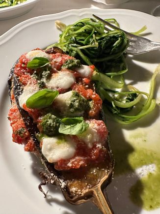 Eggplant parmesan, stuffed into the skin of a small eggplant.  We both ordered this.  Puglia is a paradise for vegetarians--they even make "meatballs" with bread!!  (But that dish has some cheese mixed in)