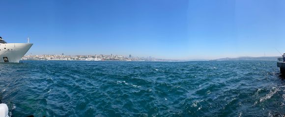 Panoramic photo from Sarayburnu Park, you can see the massive Four Seasons yacht blockin the view on the left