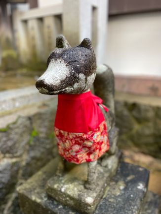 The red apron on a shrine's fox statue serves as protection from evil spirits