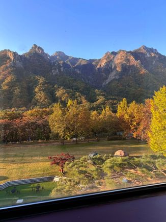 View through the (dirty) hotel room window.