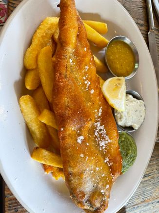Prince Albert pub and our first of many fish and chips 