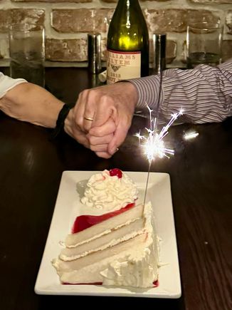 This is their signature dessert appropriately named “wedding cake“ which was provided gratis. Absolutely terrific. Joyce was surprised she ate half of it, as was I!