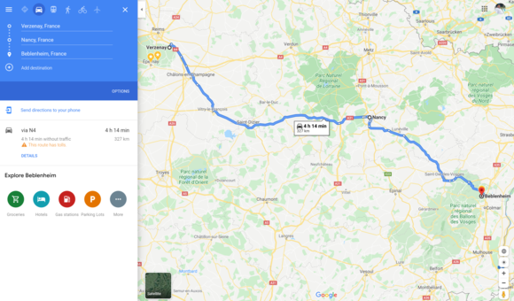We had a long drive. 50+20 km in Champagne and 330 km from Champagne to Beblenheim in Alsace almost on Germany Border. 400 km in a day with sightseeing and Champagne tasting was just as we planned. 