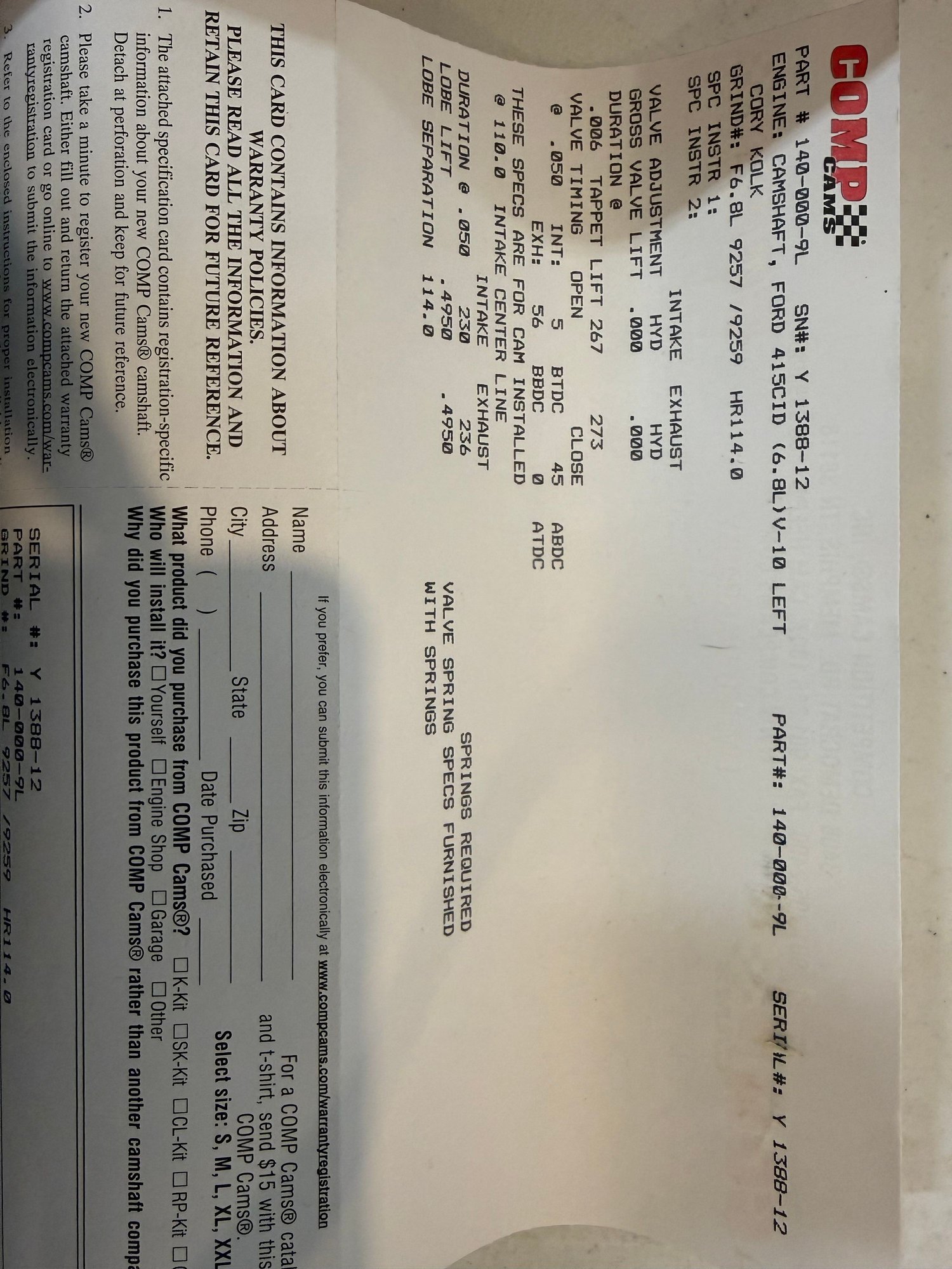 Engine - Intake/Fuel - 6.8 V10 Custom Ground Comp Cams/Valves/Springs/Retainers for 2V - New - Palmer, AK 99645, United States