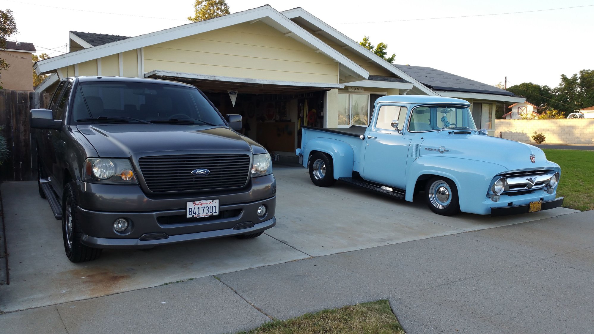 The Gray one is a 2007 FX2 SPORT.  During COVID the original 5.4 sucked a spark plug, so I bought a Jasper 5.4 replacement and had our mechanic do the install. It now has about 145K miles on it. The blue '56 has been transformed over the 51 years I've owned it from Gallo Vineyards Foreman's bone stock work truck to a cross country cruiser. I've dreamed of this truck since the 2nd grade. A testament to never giving up on your dreams. 😃👍