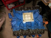 Intake installed, used Ford RTV to seal the front and back cork gaskets in place. Also used and distributor to line up the intake before torquing it down..