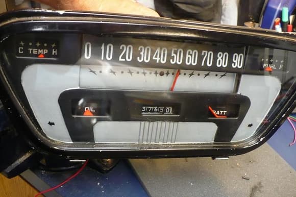 Front view of the 54 F100 instrument panel with the gauges and speedometer from the 89 Astro van fitted. Note the oil and battery gauges were idiot lights so the face plates for those do not have division marks.