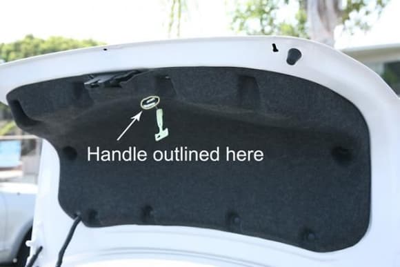 The 2010 Fusion Hybrid lacks a trunk pull down handle. A pickup truck bed tie down hook works great when attached under the lid lock bracket nut. The hook need a slight bending to make it fit.
