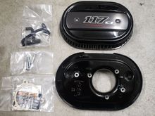 Harley ventilator for M8.  Backplate is brand new and never mounted.  Hardware and gasket are brand new in sealed bags.  Filter element and gloss black cover with "117ci" are used but in great shape.  $225 shipped in the US 