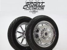 Chrome Plated 9 Spoke Harley Wheels complete with tires and discs