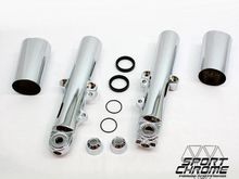 2014-2017 Street Glide chrome front fork leg lowers, cowbells, HD Genuine rebuild kit and Ride Nice axle covers.