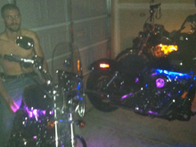 Another shitty pic but here's my fiancés bike on the left, my old street Bob in the middle and my buddy's sportster all the way to the right. I installed them under the tanks directly to the accessory plug. Very easy and only takes about 15 minutes.