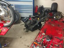 Motor and trans are out time to strip it down. Need to pull cam's,heads and clean the covers for powder.