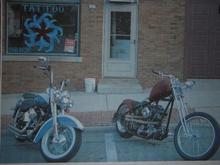 Jesse's Softail &amp; Craig's Chop in front of the tattoo shop