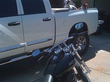 Shot with pups looking like they want a ride on the bike instead of back of truck