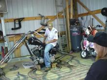 Trike 06
Billy just had to get a leg over it to check it out. He is the Painter for Portland collision here on town where I live. Him and his Dad own the shop and mostly do custom hot rods and collision repair so the bike thing for him is just for fun. Lucky for me Beer and a burgers get the job done so that helps my buget big time but we have been known to drink just a bit *LOL*