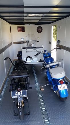 1964 H-D Servi-Car in front, 1924 Ner-a-Car on the left, 1958 Cushman Eagle on the right.