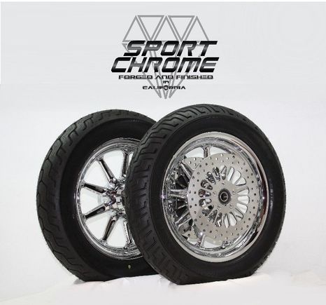Chrome Plated 9 Spoke Harley Wheels complete with tires and discs