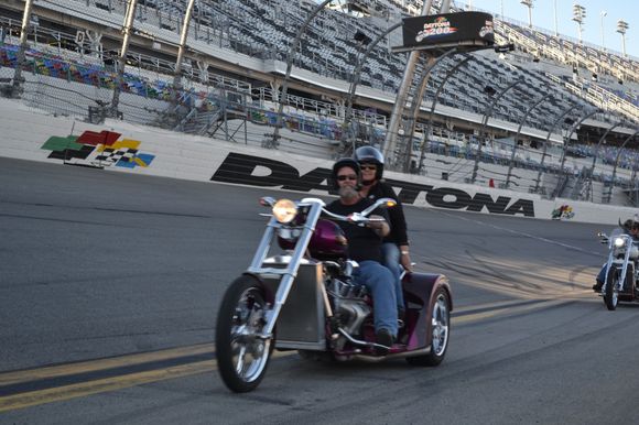 Daytona International Speedway..Every customer of V8 Choppers got to take 3 laps around the road track and 3 laps around big track.had to stay off banks but got to open it up on flat parts..imagine 50 Big Ass motors all running open headers..flying around Daytona
