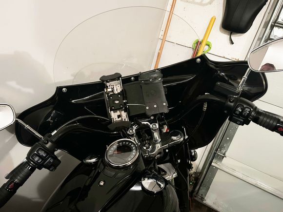 I made my own dash to use behind my Reckless Industries batwing fairing. The left mount is for a Garmin Zumo XT and the right mount is for my iPhone, both are wired in to the bike.