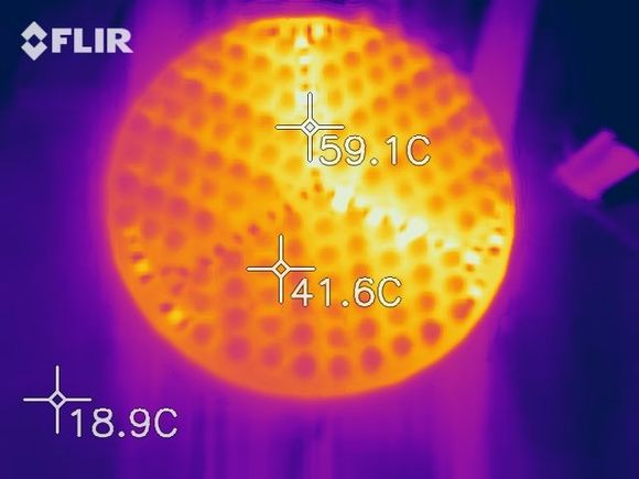 Top side, Full power, reds only. Resistors get fairly warm but nothing crazy. May consider a bit of venting for the housing tho.