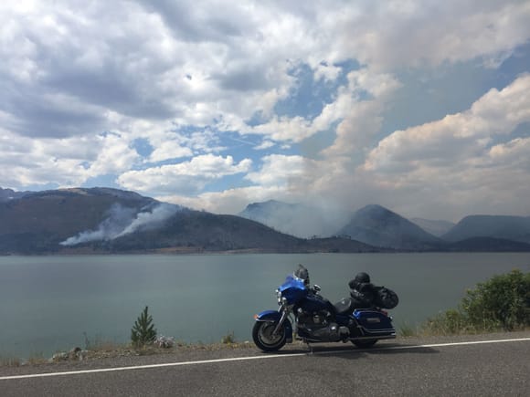 The southern extent of the fire. At times you could see the flames. That is northern end of Jackson Lake. Further back towards Yellostone the fire had jumped the road and burned both sides