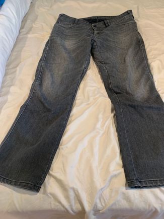 Front of jeans.  These dark gray jeans have only faded slightly over the years. 