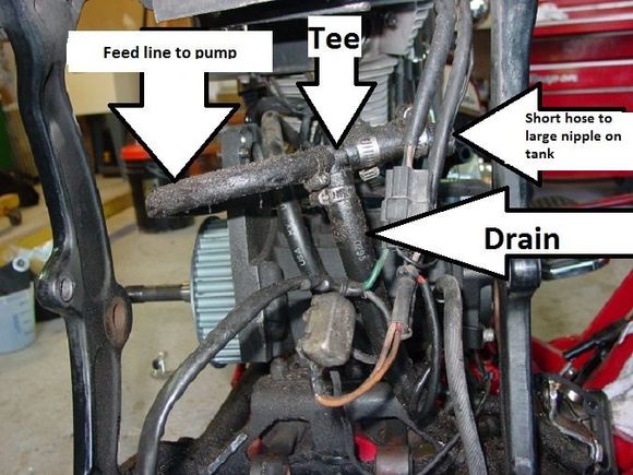 The T does reduce in size for the oil feed hose (on left in pic).
The other two nipples are the large size.

This view is looking forward.