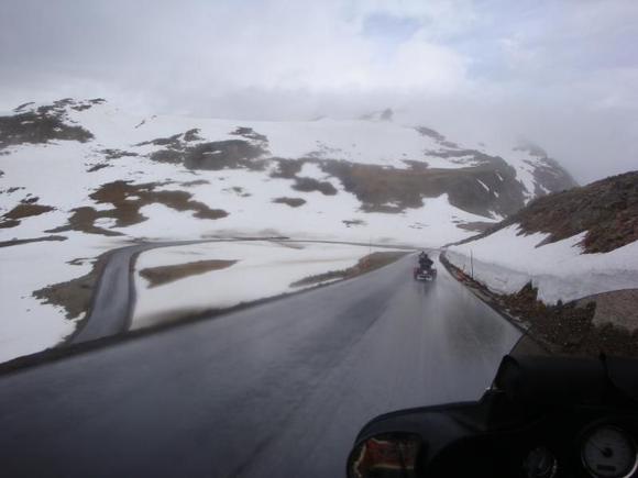 This was late June fun at 9000 ft.  NOT really all that fun!
Bear Tooth pass WY side headed down.  Other side was too nasty for pictures.