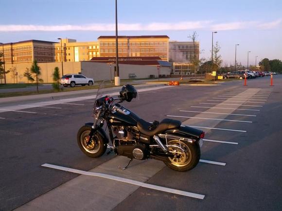 My 2012 FXDF (Fat Bob) is the first scoot to park in the new center-line pad at my work site.