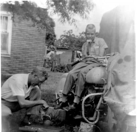 Daddy, me &amp; brother's '47 Indian. Probably 1962.