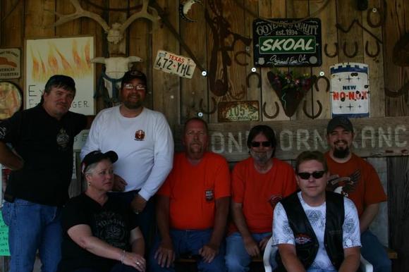 Some of the S A area Riders at Knot on the Loop Saloon, on Willow City Loop Tx

Standing L to R; Cajun Refugee, Harpoonman, ForMike56, Starboard, Bishop.
Sitting L to R; Phoenix Rider, Pure Death