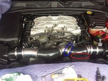 I had to cut about 3/4" of hose from this end (blue oval) because there was a bad kink in that portion of the intake. This intake was for a XFR. I have good clearance around all the intake parts except for where it is slightly touching the air snorkel (red oval). Don't know if this will cause an issue.