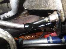 45° out of the pump, running under the engine mount bracket to keep it away from the exhaust