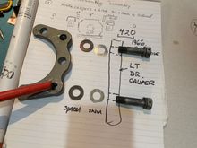 Since here is the bracket, spacer, shims, and bolts  in the right position.  Shims help to center the caliper with the disc 