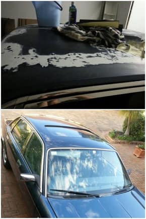 DIY roof repaint - Before and after. (This process made me hate sunroofs while also being grateful that mine is ever so slightly ajar. Made the job a whole lot easier. Phew. Solent blue Acrylic base and clear, thrilled with the spot on  color match, blended down the front and rear pillars.