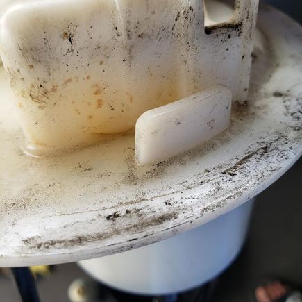 The leaker, just a hairline crack, once the retainer is unscrewed the flange just lifts off exposing the green  flange seal and fuel pump assembly 