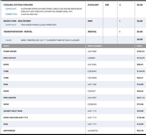I remember they asked about an engine drive belt, if I wanted to replace whilst they had everything taken apart because it would eventually need to be replaced anyway. They did do a pressure check to check if there was a leak in the coolant tank on Feb and they didn’t find anything. I have an appointment to get an inspection next week though, I hope this helps.