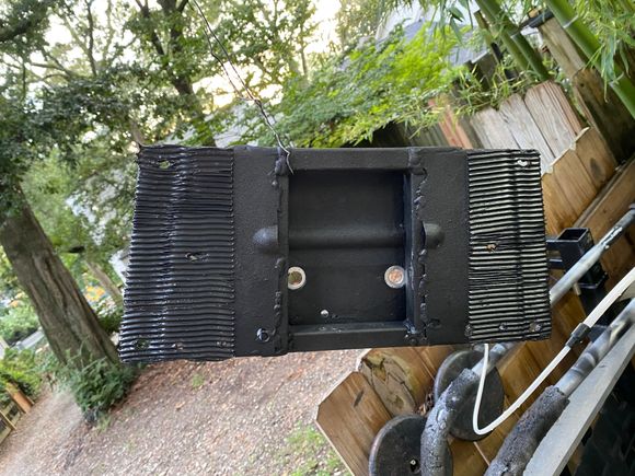 
And here the modified crossmember’s topside (side that installs against body). I again troweled the PU sealant onto the crossmember as an experiment with reducing NVH. I used a 3/16” v shaped trowel. 