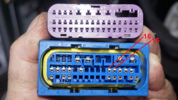 Having traveled now that deep into CRAZY-LAND, I just proceeded one step further: Taking the big blue connector apart: That purple cover lifts off quite easily when poking with a very small screwdriver into those 3 latches with the black clips. The front right speed sensor connects to pin 15 and pin 16.