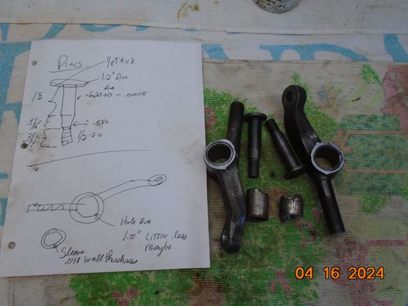I have burned off the old rubber and pressed out the sleeves.  The pins have dia of 5/8"  The bore in the mating piece is almost exactly 1 inch. 