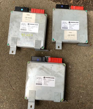 Clockwise, beginning top left: "LNB 1410AD/LNB 1410AE" (LWB), "LNB 1410AD/LNB 1410FE" (SWB), "LNB 1410AD" (my original ECU)