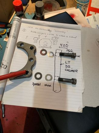 Since here is the bracket, spacer, shims, and bolts  in the right position.  Shims help to center the caliper with the disc 