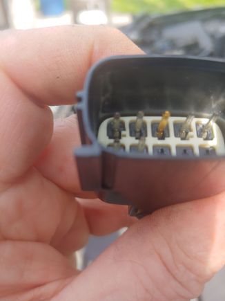 view of connector from the other side - top left pin is the one that needs a new wire.  top center more gold color is the yellow/now red new connection - it appears the pin was also replaced