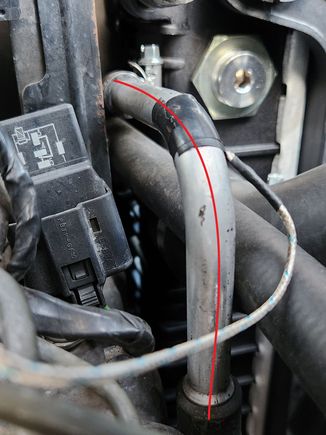 This is the return transmission oil cooler line. Just in case you're wondering there is a thermocouple attached to the pipe to get a temperature reading. 
