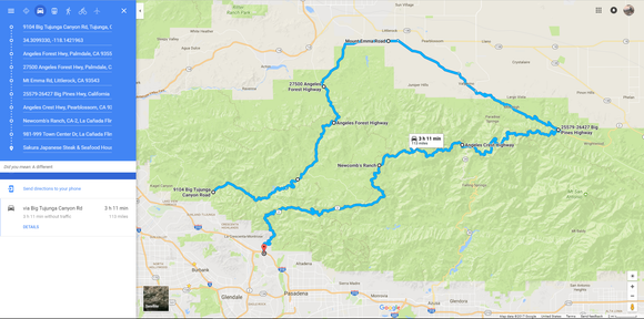 This route starts in Tujunga, we would meet up at Starbucks in the morning and make our way towards the forest, we could stop at Newcombs ranch and have a drink and recover before finishing the route at Sakura japanese restaurant for food and drinks (or one of the other restaurants in the area). This is perfect for those that enjoy a nice canyon run full of twists and turns! This would be a long run, it would take approx 3 hours and spans 113 miles!